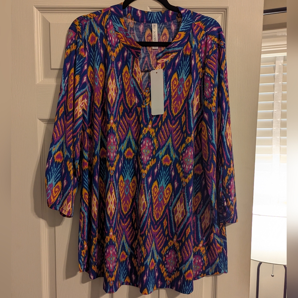 dear Scarlett Blue and Orange Lizzy Tunic 3/4 Sleeve Relaxed Fit